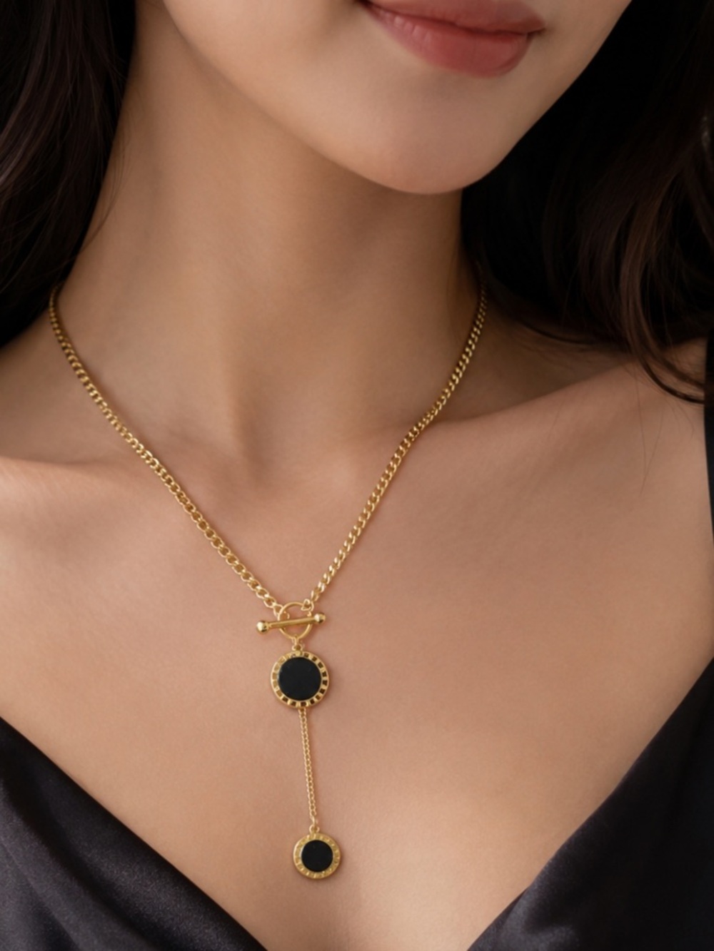 Gold Plated Black Enamel Double Disc Lariat Necklace | Toggle Clasp